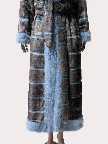 christmas outfit Sonicelife Autumn Winter Extra Long Striped Thick Warm Faux Fur Coat Women with Fur Trim Elegant Luxury Maxi Furry Overcoat