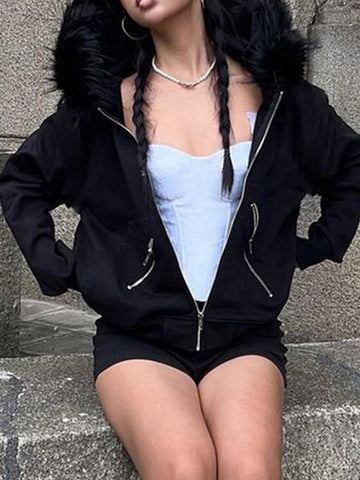 Sonicelife Dark Academia Gothic Sweatshirt Women Streetwear Harajuku Vintage Y2k E-girl Cyber Punk Fur Collar Loose Cardigan Tops