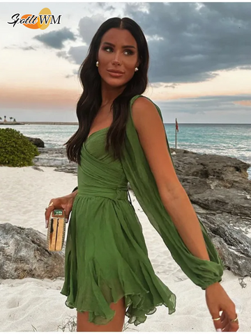 Sonicelife Chiffon Green Ruffles Mini Dresses Women Elegant Long Sleeve A Line Beach Robe Fashion Lady Ruffles Holiday Summer Party Vestido