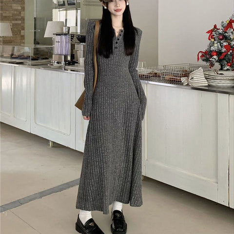Sonicelife Vintage Long Sleeve Dresses Women Elegant Slim Knitted Basic Long Dresses Autumn Winter New Warm All Match Female Base Vestidos