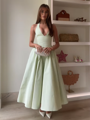 Sonicelife Elegant V Neck Green Long Dresses Women Fashion High Waist A-line Halter Midi Vestidos New Summer Lady Evening Party Dress 2025