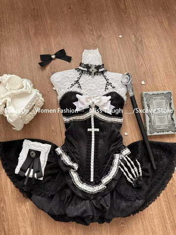 Sonicelife Women Lace Top + Blakc Cake Mini Skirt + Sleeve Cosplay Vintage Clothing Black Gothic Lolita Suits Y2k Halloween 2 Piece Set