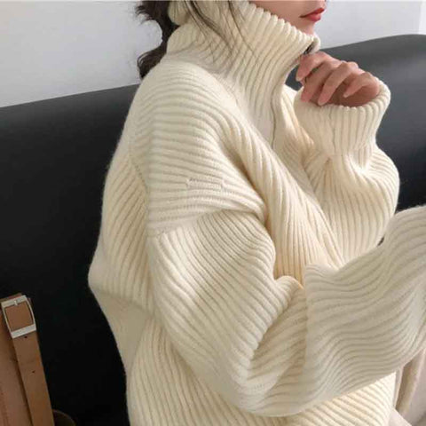 Black Friday Sonicelife Turtleneck Knitted Pullovers Women Autumn Warm Solid Zipper Long Sleeve Casual Jumper Fashion Loose All Match Sweaters