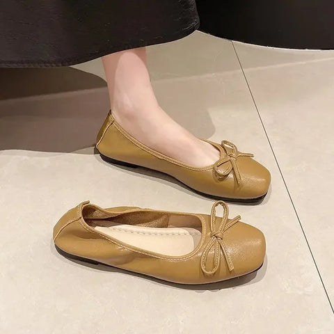 Sonicelife 2025 Spring Autumn Women Soft Bottom Comfortable Flat Shoes Butterfly Knot Milk  Soft Leather Fairy Shoes Low Heels Daily Use