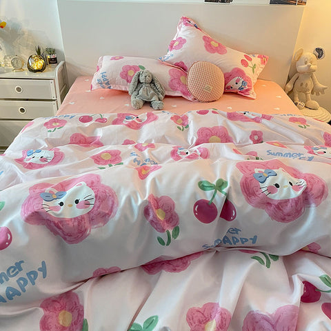 Sonicelife Pastoral Style Little Bear Bedding Set Adult Queen Twin Full Size Quilt Cover Bed Flat Sheet Kids Cute Duvet Cover No Filler