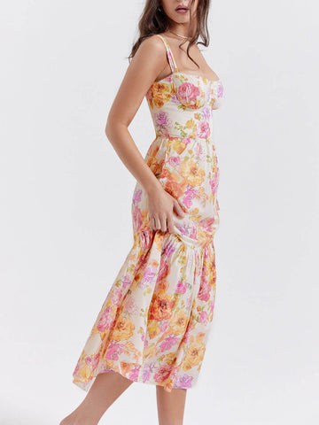 Sonicelife-Strap A-Hem Floral Midi Dress