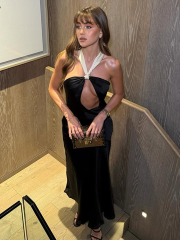 Sonicelife Contrasting Color Women Halter Vestidos Summer Sexy Hollow Out Open Back Midi Dresses Women Fashion Evening Club Party Dress New