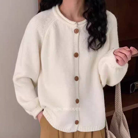 Sonicelife Women Vintage Sweet Cardigan Sweaters Japan Loose O Neck Single Breasted Knitted Coat Fall Casual Retro Female Solid Tops