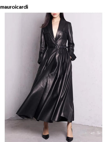 christmas outfit Sonicelife Spring Black Maxi Skirted Faux Leather Trench Coat for Women Extra Long Elegant Luxury Designer Clothes Overcoat