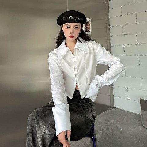 Sonicelife Slim Cropped White Shirt Women Long Sleeve Sexy Chic Double Zippers Blouse Fall Female Long Sleeve Hip Hop Streetwear Tops