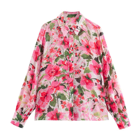 Sonicelife Women's Floral Printed Shirt Silk Satin Texture Fashionable Temperament Long Sleeved Single Breasted Top New
