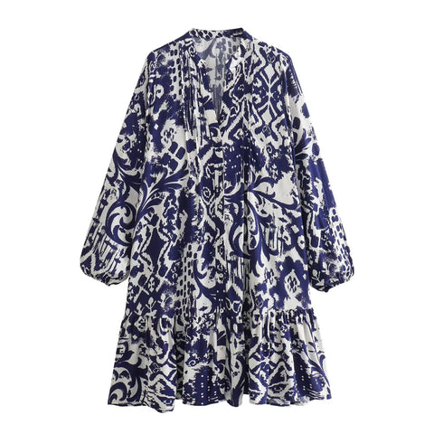 Sonicelife Women's Long Sleeve Single Breasted Mini Dress, Printed V-Neck, Slimming and Cute, Versatile, New