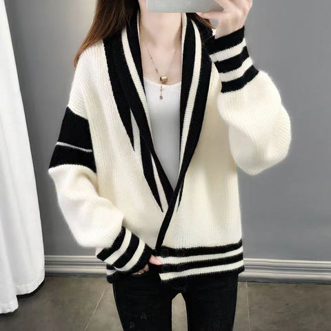 Black Friday Sonicelife Patchwork Sweater Women Knitted Loose Elegant Black White Fashion Cardigan Lazy Strip V-Neck Long Sleevekorean Female Jumpers