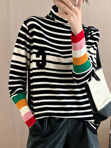 christmas outfit Sonicelife Long Sleeves Loose Contrast Color Knitted Letters Split-Joint Striped High Neck Pullovers Sweater Tops