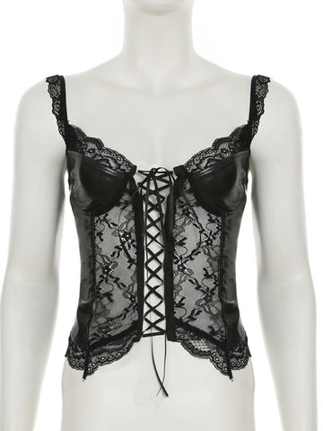 Sonicelife Harajuku Gothic Pu Vest Women Streetwear Dark Cyber Punk Hotsweet Aesthetic Lace Patchwork See Through Crop Tank Tops