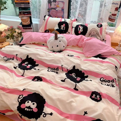 Sonicelife Kawaii Duvet Cover Bedding Set No filler Ins Style Cartoon Flat Sheet Pillowcase Single Full Bed Linen Girls Boys Home Deco 2024