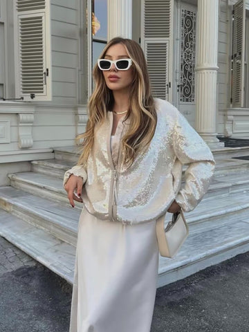 christmas outfit Sonicelife Fashion Sequins Bomber Jackets for Women 2025 Chic Female Casual Jacket Coats Ladies O-Neck Long Sleeve New Outerwear
