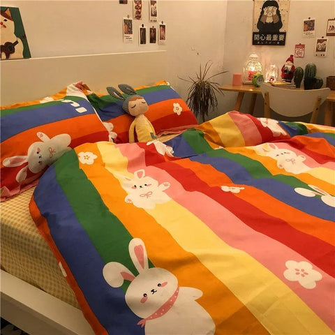Sonicelife Ins Pink Cute Duck Cartoon Fruit Printed Bedding Set Soft Queen King Size Flat Bed Sheet Quilt Cover Pillowcase Kawaii