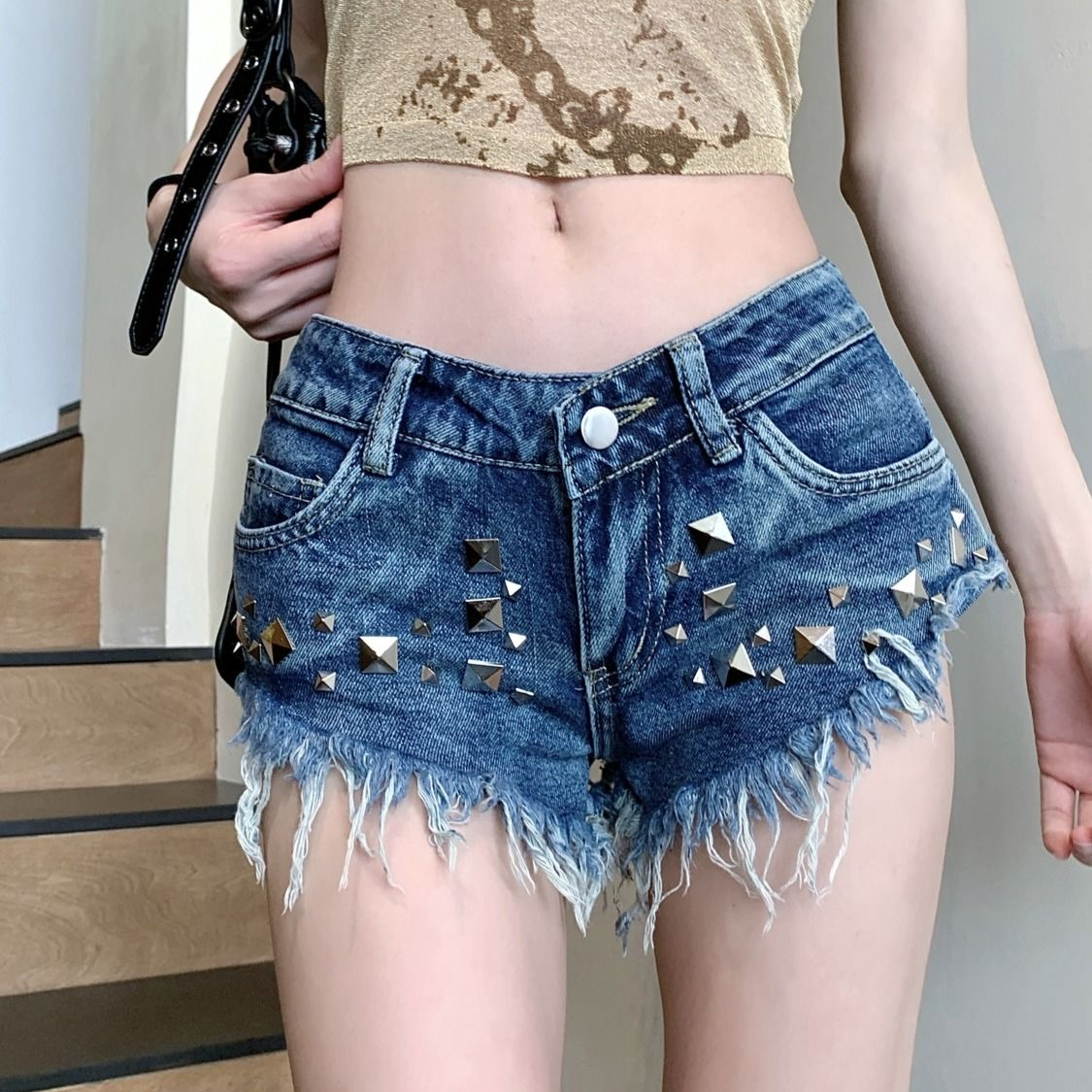 Sonicelife Y2K Punk Shorts Women Summer New Street Rivet Jeans Retro Sexy Hot Girl Slim Fashion High Street Harajuku Blue Casual Punk Jeans