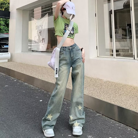 Sonicelife Distressed Star Print Wide-leg Jeans