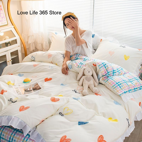 Sonicelife Cute Bear Printed Bedding Set Ins Solid Color Linen And Duvet Cover With Pillowcases Single Double Full Size For Kids Adults