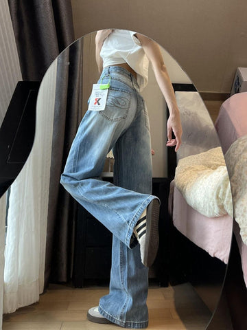 Sonicelife Y2K Harajuku Simple Washed Blue Straight Jeans Women Autumn Retro Streetwear Loose Casual Fashion High Waisted Wide Leg Pants