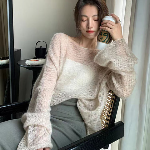 Black Friday Sonicelife Women Knitting Pullover Sweater Korean Loose Chic Sexy Hollow Out O Neck Tops Y2K Ladies Spring Long Sleeve Thin Jumper New