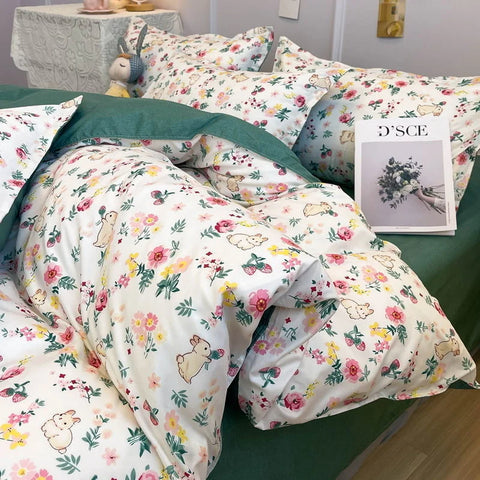 Sonicelife Kawaii Cherry Duvet Cover Set Pillowcase Flat Sheet Floral Boys Girls Twin Full Size Soft Bedding Kit Korean Ins Style Home Use