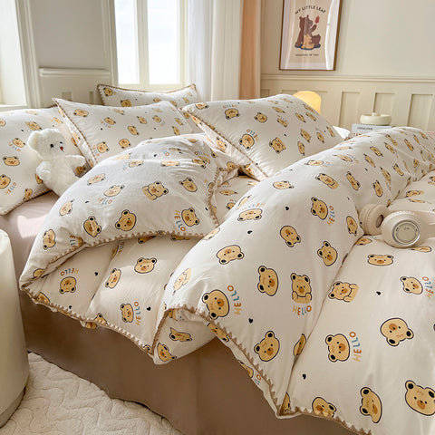 Sonicelife Cute Bear Double Layer Yarn Quilt Cover Bed Sheet Pillowcase Twin Queen Size Bedding Set Girls Kids Duvet Cover Set No Filler