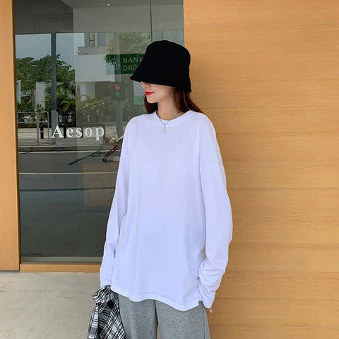 Sonicelife 100% Cotton Long Sleeve T Shirt Women Black Fashion Korean All Match Oversized Tee Autumn Streetwear Casual Loose Bf Female Tops