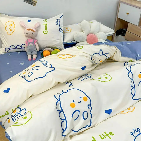 Sonicelife Kids Bedding Set No Filling Kawaii Cartoon Duvet Cover Flat Sheet Pillowcase Soft Bed Linens Dormitory Bedroom Home Textile