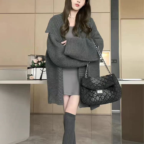 Sonicelife Lazy Wind Streetwear Cardigan Sweaters Women Retro Oversize Long Sleeve Casual Knitted Coat Harajuku Loose Fall Grey Tops