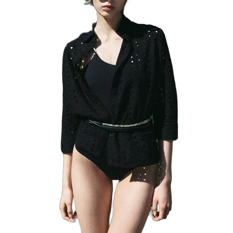 Sonicelife Women's Long Sleeved Shirt Solid Color Hollow Embroidery for Commuting Sweet and Versatile New