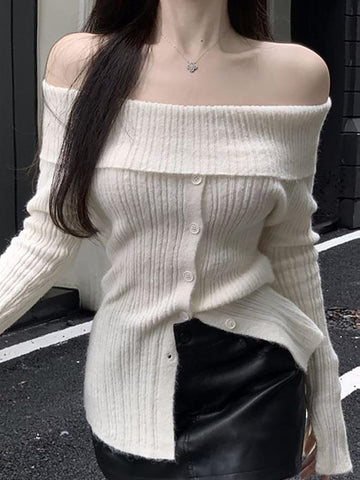 Sonicelife-Long Sleeve Off-Shoulder Ribbed-Knit Sweater