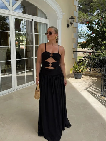 Sonicelife Women Hollow Out Sling Dress Fashion Metal Ring Pleated Sleeveless A-line Maxi Dresses Summer Ladies Evening Party Gowns Robes