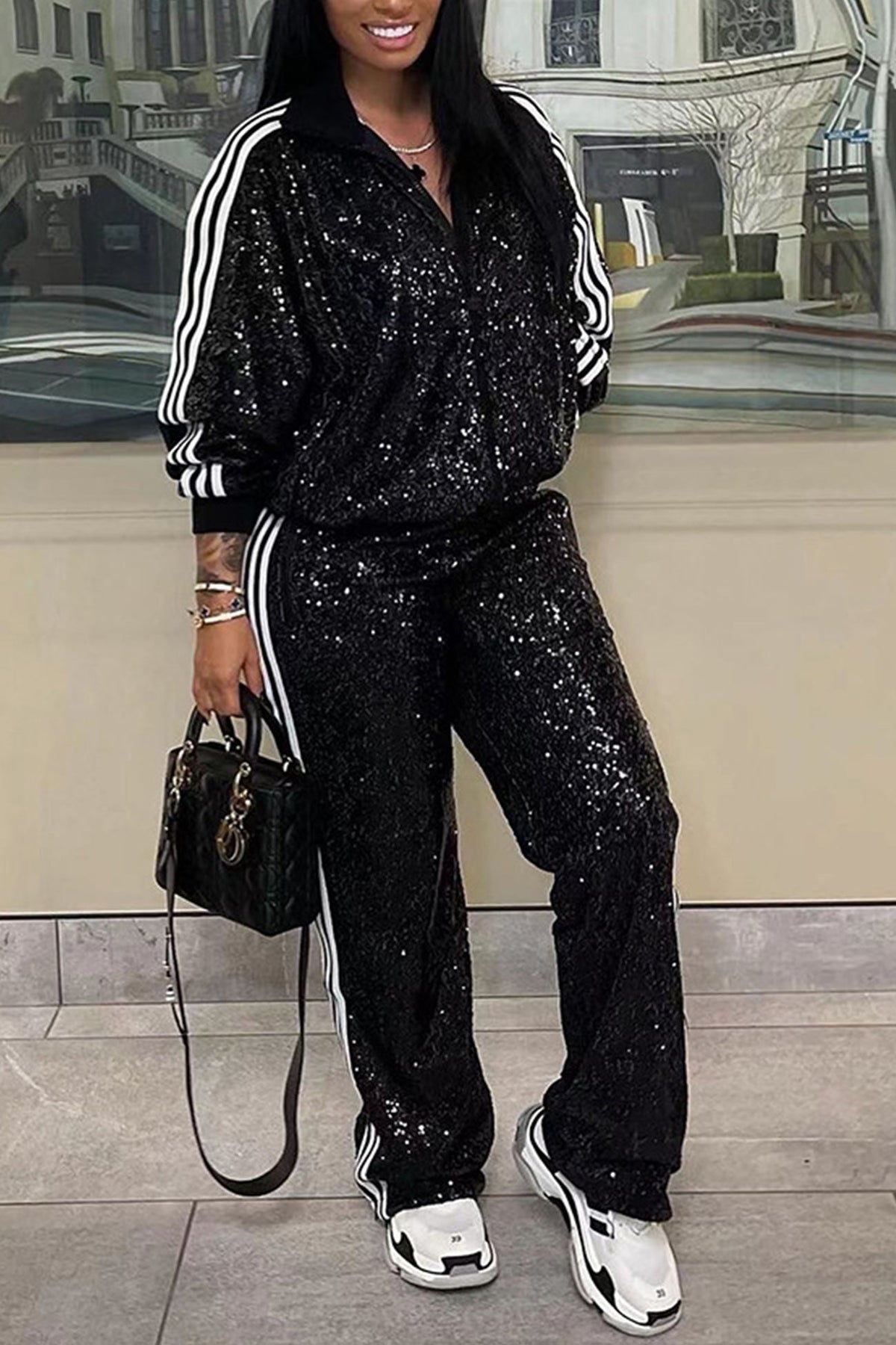 Sonicelife-Sequin Striped Tracksuit Set