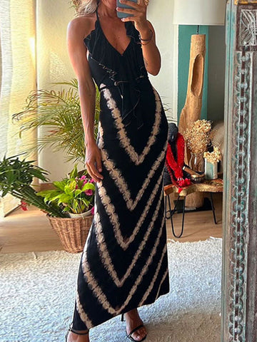 Sonicelife-Paulawow Halter V Neck Ruffle Drape Front Printed Maxi Dress