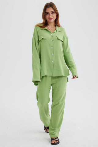 Sonicelife-Long Sleeve Pocketed Slit Shirt Long Pants Suits