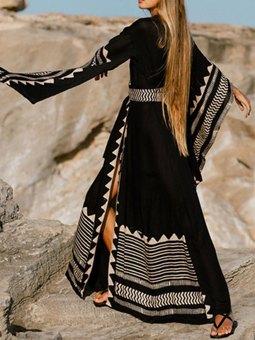 Sonicelife-Black Bohemia Slit Long Sleeve Beach Cover Up