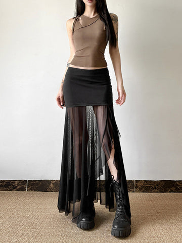Sonicelife Dark Academia Gothic Sexy Mesh Vest Women Streetwear See Through Hollow Out Patchwork Crop Tank Top Y2k Emo Alt Outfits
