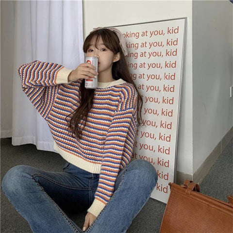 Black Friday Sonicelife Korean Striped Sweater Women Loose Lazy Fall Winter O-Neck Knitted Pullover Harajuku Sweet Pretty Style School Jumpers Tops