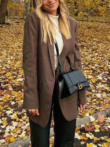 thanksgiving outfit Sonicelife Woman Fashion 2024 Autumn Brown Office Lady Woman Suits Loose V Neck Blazer+High Waist Long Leg Pants Vintage Women Sets