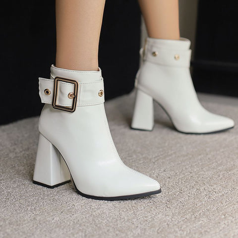 thanksgiving outfit Sonicelife Mature Female Ankle Boots Pointed Toe Chunky High Heels 9.5cm Zipper Belt Buckle Large Size 48 49 50 Office Lady Bota