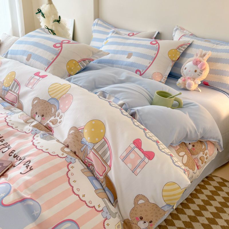 Sonicelife Cute Bear Bedding Set No Filler Full Queen Size Duvet Cover Flat Sheet Pillowcase Kids Adults Fashion Soft Comforter Cover