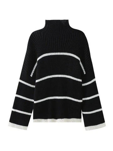 Sonicelife Striped High Neck Loose Sweater