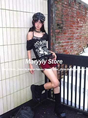 Sonicelife 2025 Summer Y2k Aesthetic Tops Two Pieces Set Women Harajuku Fairy Cropped Letter Printing V Neck T Shirts + Stripe Grunge Vest