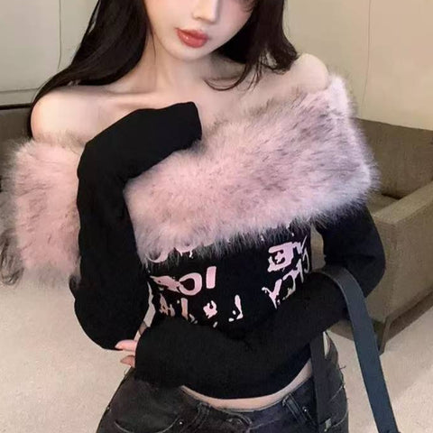 Sonicelife Gyaru Korean Fashion Clothing Autumn Winter Women Shoujo Y2k Coquette Blouse Slant Neck T-Shirt Long Sleeve Cropped Tops