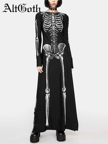 Sonicelife Halloween Dark Gothic Dress Women Streetwear Punk Y2k Skull Printed Long Sleeve O-neck Split Midi Dress Cosplay Clubwear