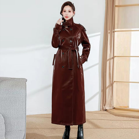 christmas outfit Sonicelife Autumn Waterproof Extra Long Black Reflective Shiny Patent Pu Leather Trench Coat for Women Belt Runway Y2K Clothes