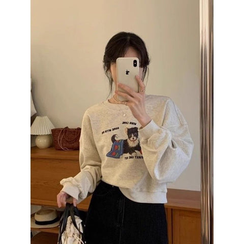 christmas outfit Sonicelife American retro gray puppy round neck sweatshirt for women autumn and winter plus velvet loose shoulder crop top women clothing